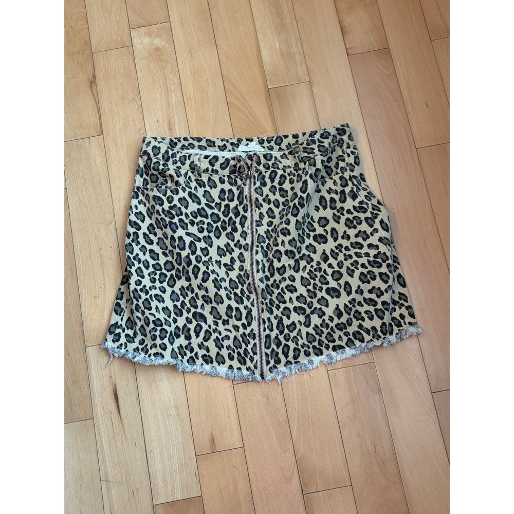 ee:some Leopard Print Mini Skirt Womens L Tan Front Zip Raw Hem Distressed